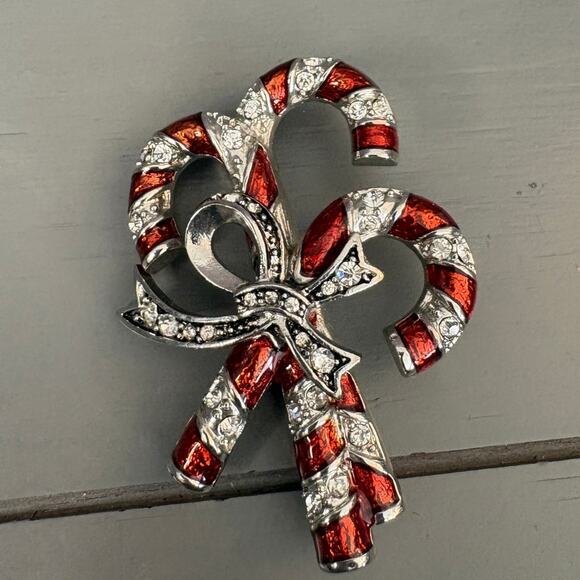 Monet Jewelry - VTG MONET SIGNED  SILVER TONE CRYSTALS RED ENAMEL CANDY CANE BROOCH